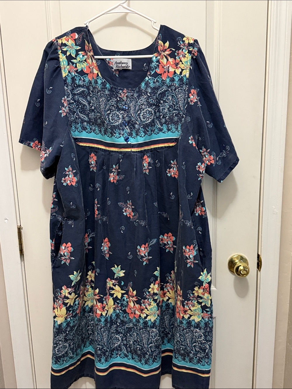 Women’s 2x Anthony Richards Muu Muu Floral Border Patio Dress Plus Size Pockets